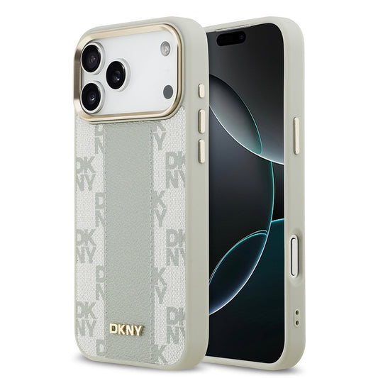 Apple iPhone 17 Pro Max Kılıf DKNY Orjinal Lisanslı M-safe Şarj Özellikli 3D Yazılı Checkered Pattern Kapak Bej