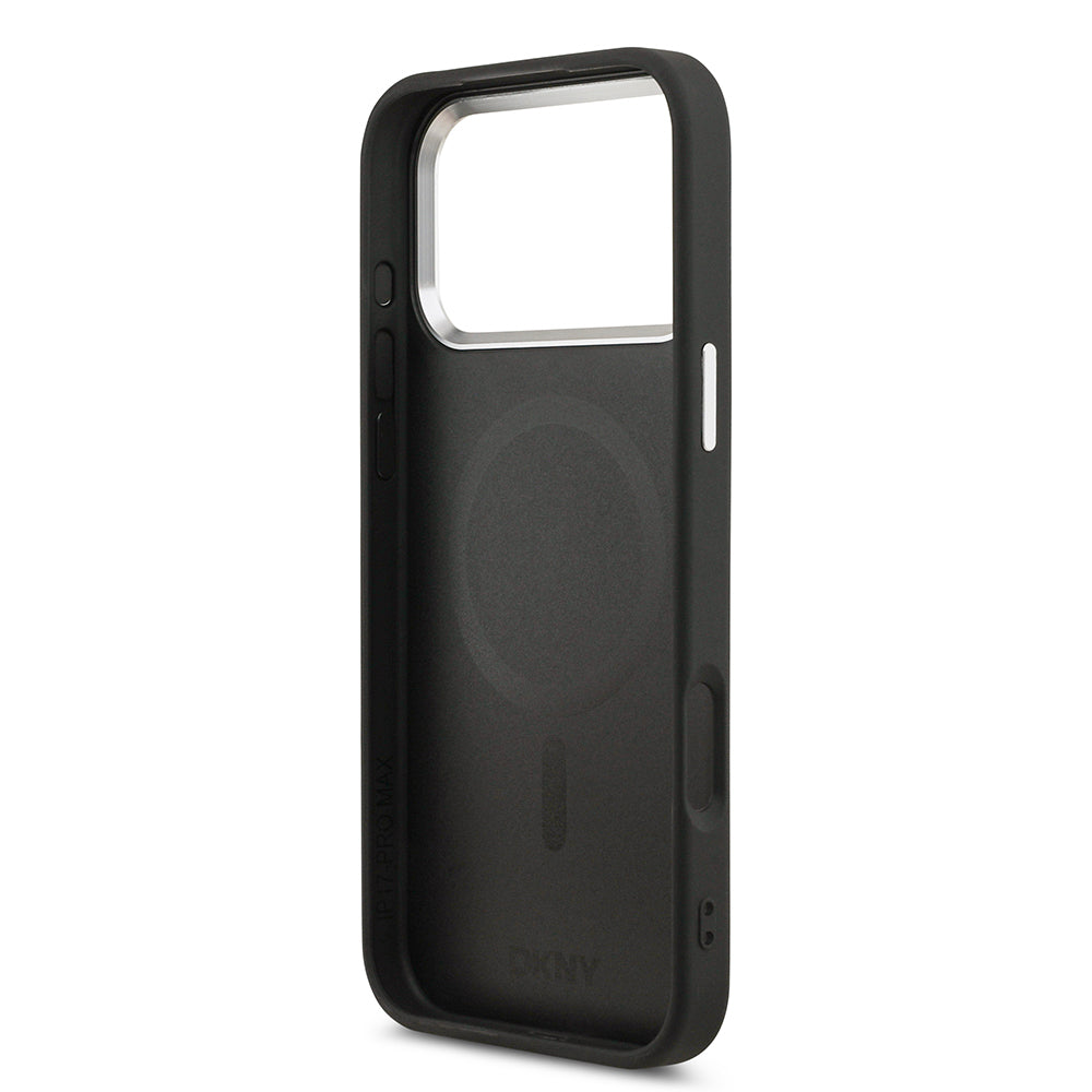 Apple iPhone 17 Pro Max Kılıf DKNY Orjinal Lisanslı M-safe Şarj Özellikli PU Deri Kabartmalı Kapak Siyah