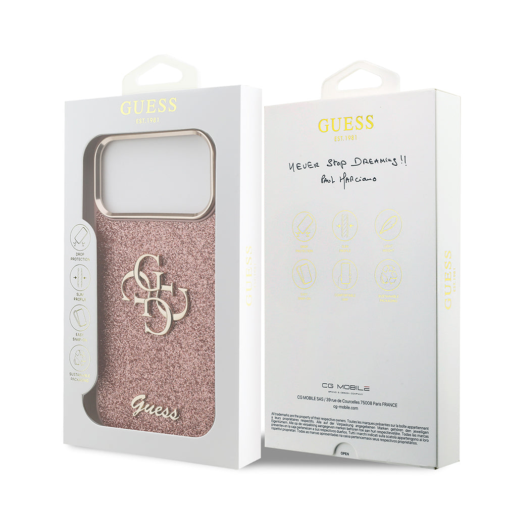 Apple iPhone 17 Pro Max Kılıf Guess Orjinal Lisanslı 4G Büyük Metal Kamera Çerçeveli ve Logolu Glitter Kapak Gold