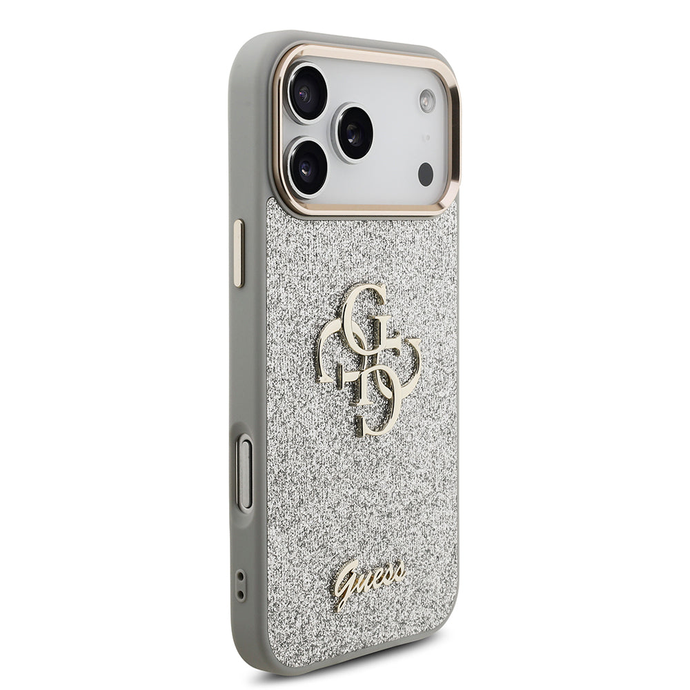 Apple iPhone 17 Pro Max Kılıf Guess Orjinal Lisanslı 4G Büyük Metal Kamera Çerçeveli ve Logolu Glitter Kapak Gri