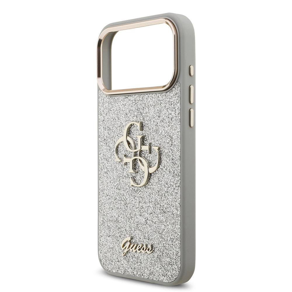 Apple iPhone 17 Pro Max Kılıf Guess Orjinal Lisanslı 4G Büyük Metal Kamera Çerçeveli ve Logolu Glitter Kapak Gri