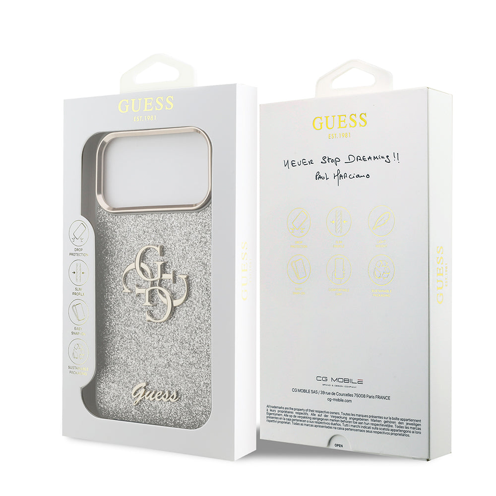 Apple iPhone 17 Pro Max Kılıf Guess Orjinal Lisanslı 4G Büyük Metal Kamera Çerçeveli ve Logolu Glitter Kapak Gri