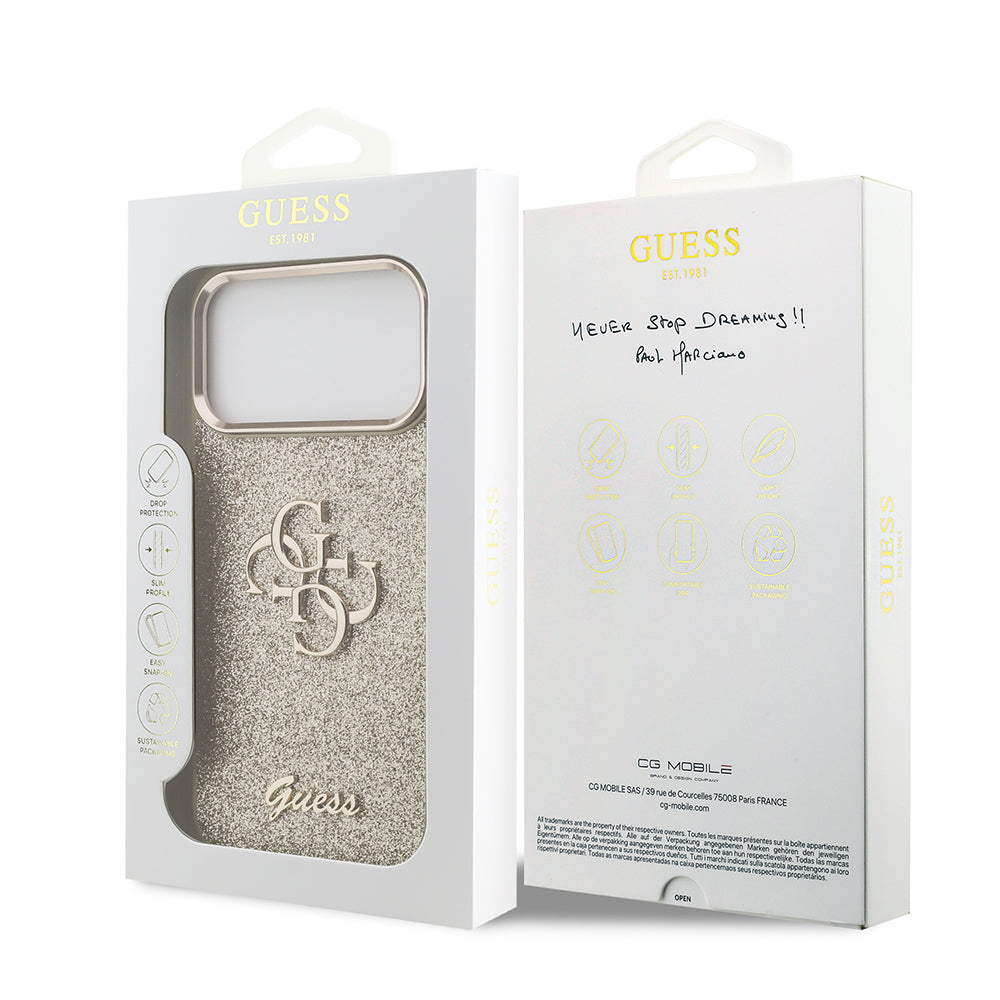 Apple iPhone 17 Pro Max Kılıf Guess Orjinal Lisanslı 4G Büyük Metal Kamera Çerçeveli ve Logolu Glitter Kapak Gri