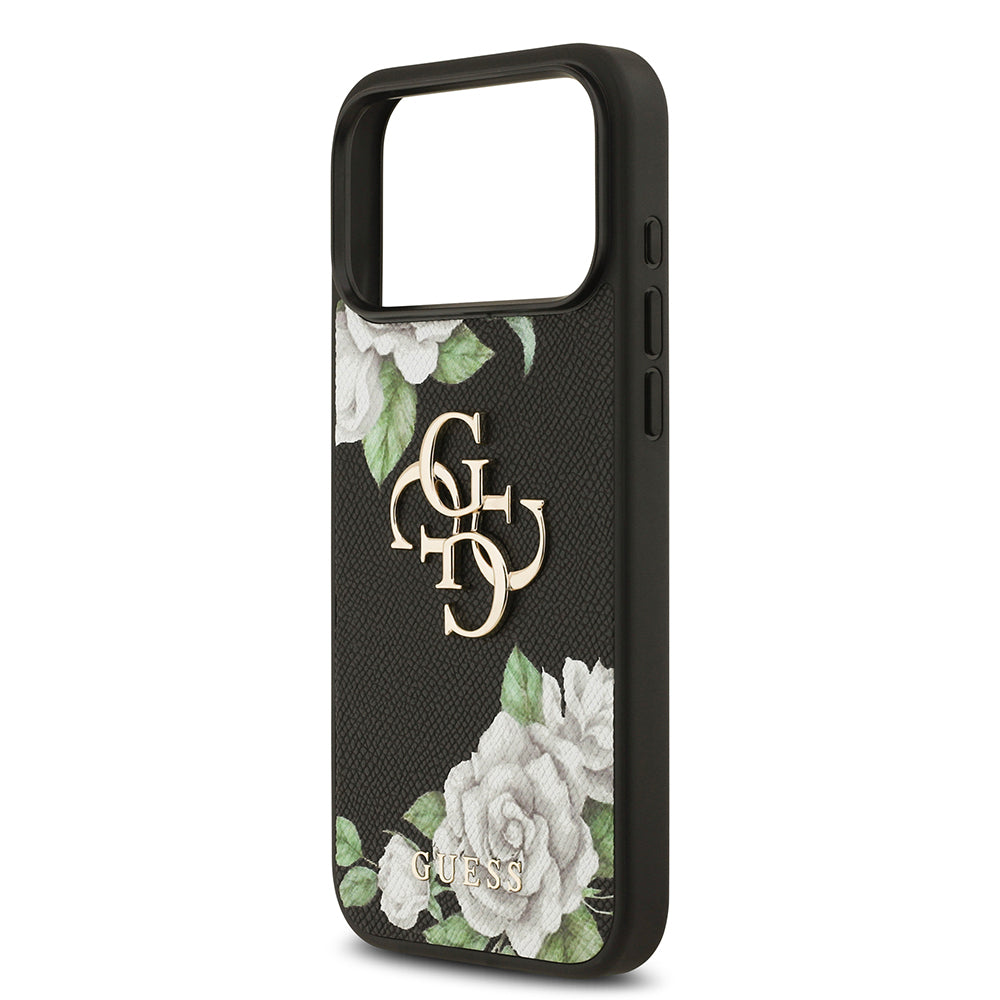 Apple iPhone 17 Pro Max Kılıf Guess Orjinal Lisanslı Gül Baskılı Büyük Metal Logo Dizaynlı Kapak Siyah