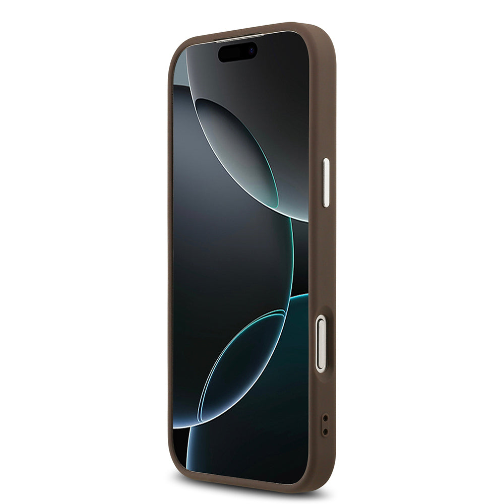 Apple iPhone 17 Pro Max Kılıf Guess Orjinal Lisanslı Gümüş Metal Kamera Çerçeveli 4G Desenli Metal Büyük 4G ve Yazı Logolu Kapak Kahverengi