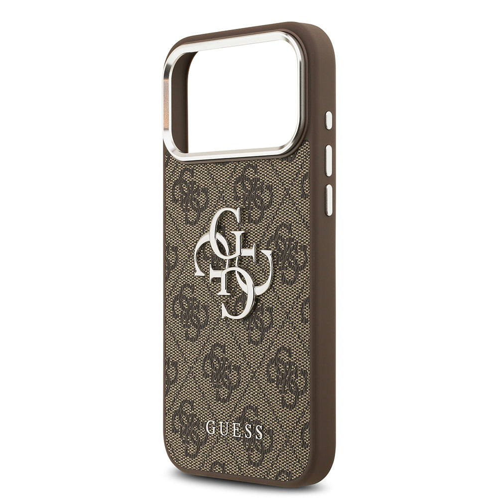 Apple iPhone 17 Pro Max Kılıf Guess Orjinal Lisanslı Gümüş Metal Kamera Çerçeveli 4G Desenli Metal Büyük 4G ve Yazı Logolu Kapak Kahverengi