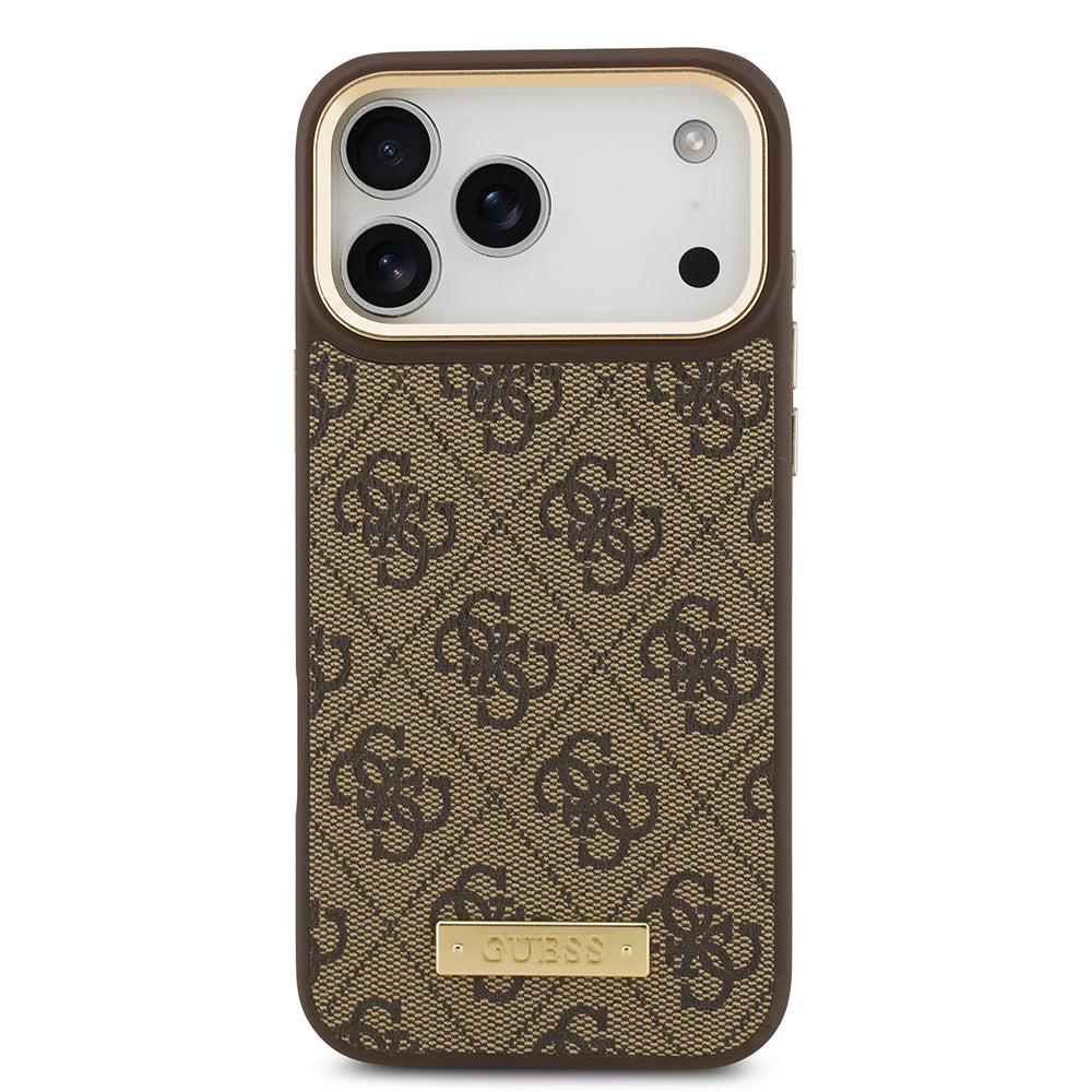 Apple iPhone 17 Pro Max Kılıf Guess Orjinal Lisanslı M-safe Şarj Özellikli 4G Desenli PU Metal Plaka Klasik Logolu Kapak Siyah