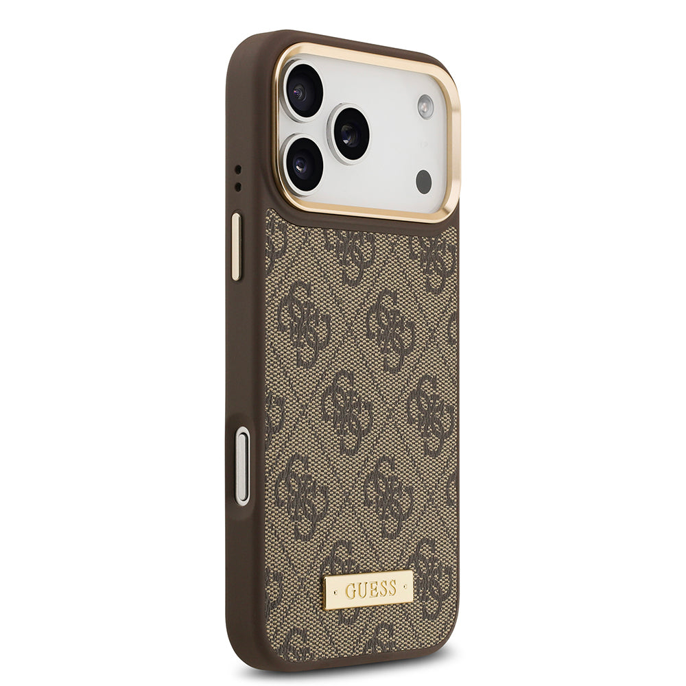 Apple iPhone 17 Pro Max Kılıf Guess Orjinal Lisanslı M-safe Şarj Özellikli 4G Desenli PU Metal Plaka Klasik Logolu Kapak Pembe