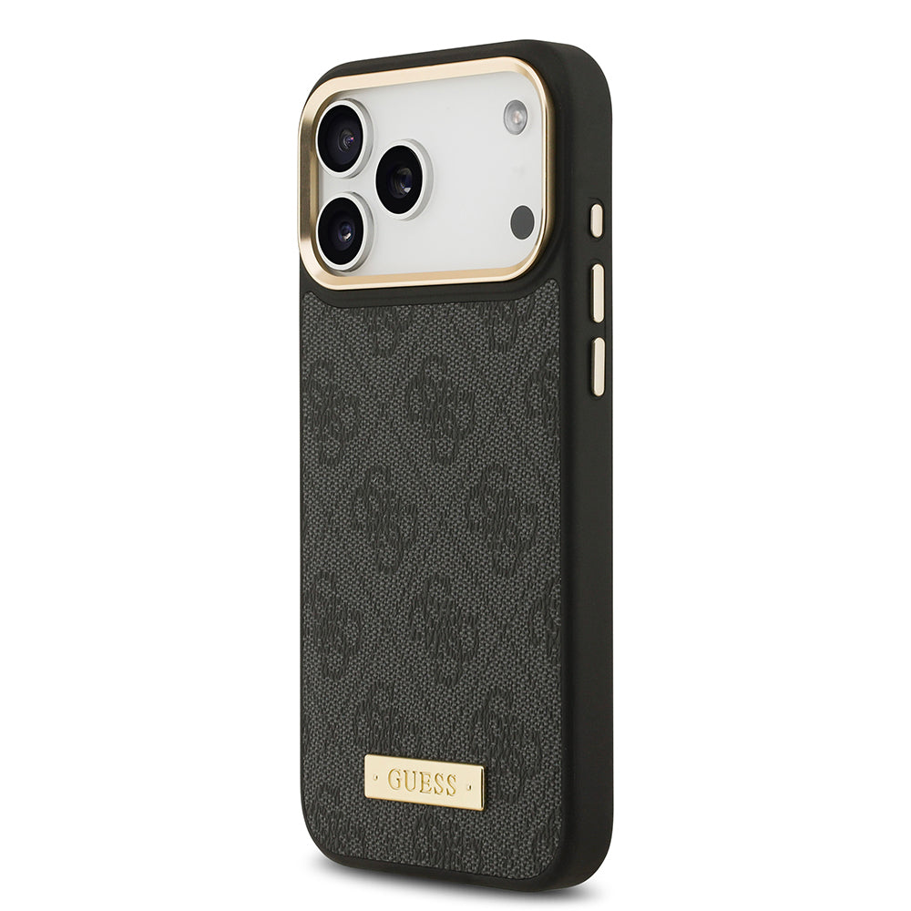 Apple iPhone 17 Pro Max Kılıf Guess Orjinal Lisanslı M-safe Şarj Özellikli 4G Desenli PU Metal Plaka Klasik Logolu Kapak Pembe