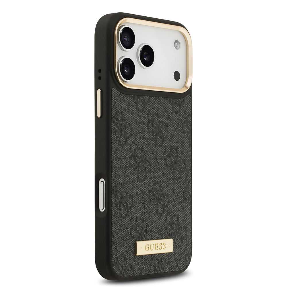 Apple iPhone 17 Pro Max Kılıf Guess Orjinal Lisanslı M-safe Şarj Özellikli 4G Desenli PU Metal Plaka Klasik Logolu Kapak Pembe