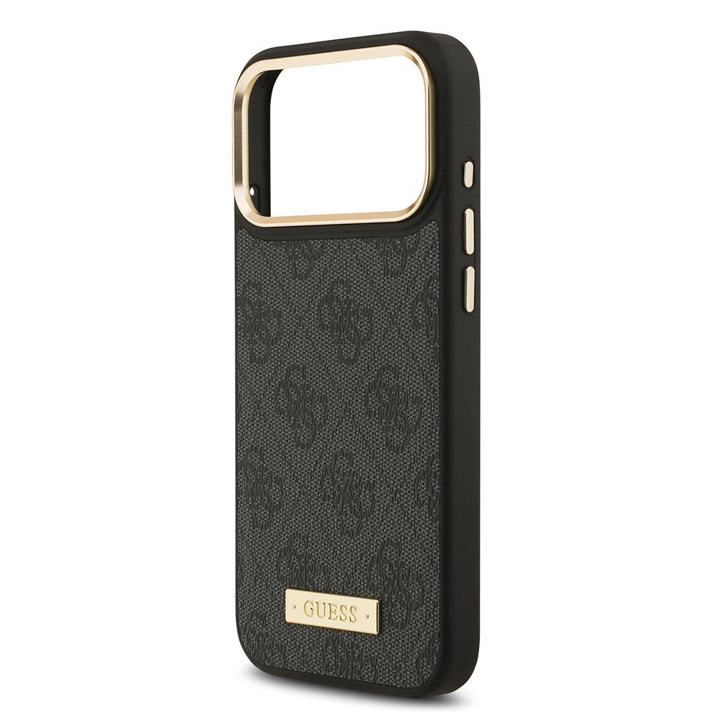 Apple iPhone 17 Pro Max Kılıf Guess Orjinal Lisanslı M-safe Şarj Özellikli 4G Desenli PU Metal Plaka Klasik Logolu Kapak Kahverengi