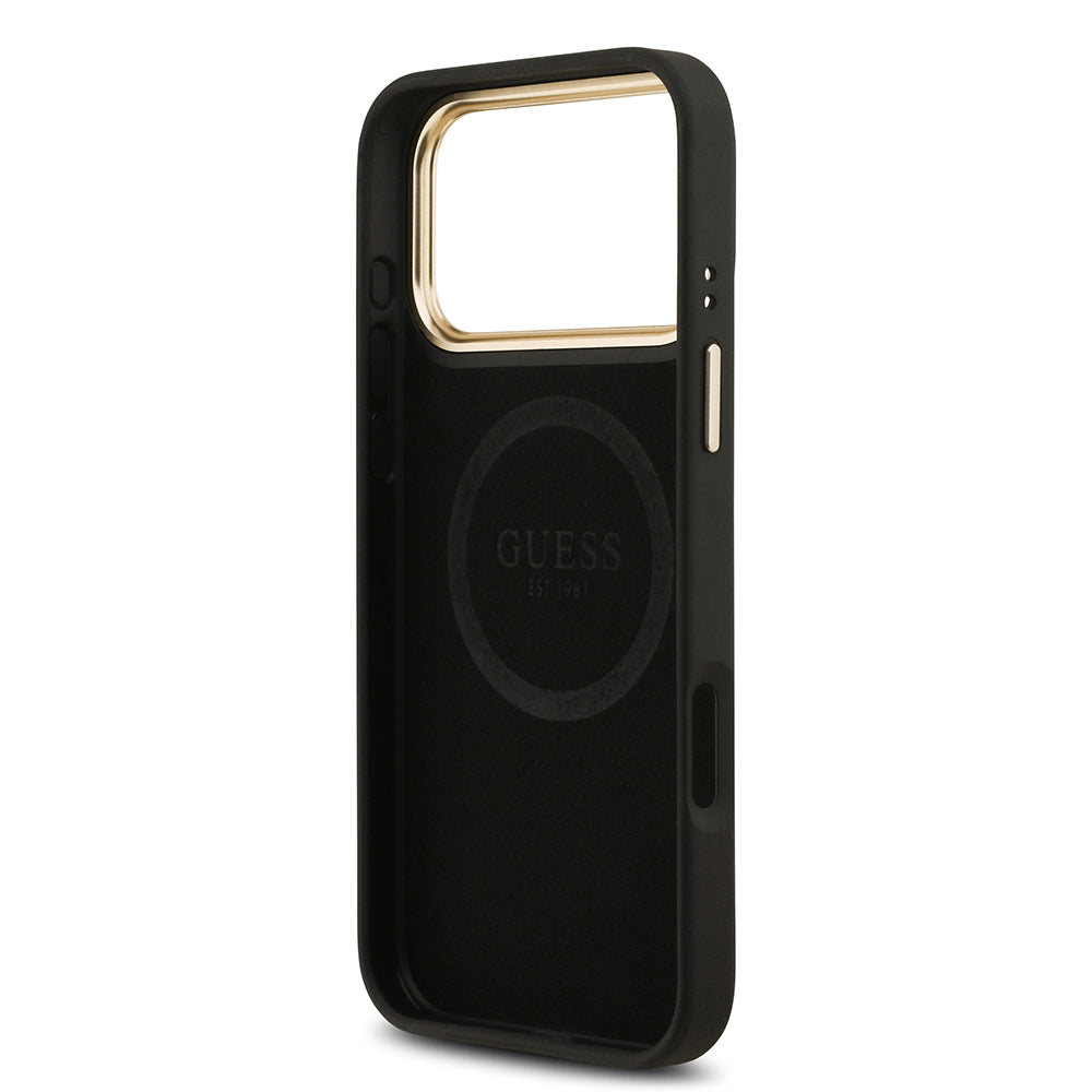 Apple iPhone 17 Pro Max Kılıf Guess Orjinal Lisanslı M-safe Şarj Özellikli 4G Desenli PU Metal Plaka Klasik Logolu Kapak Kahverengi