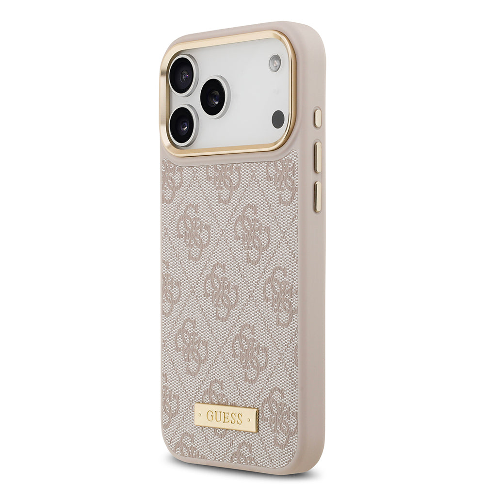 Apple iPhone 17 Pro Max Kılıf Guess Orjinal Lisanslı M-safe Şarj Özellikli 4G Desenli PU Metal Plaka Klasik Logolu Kapak Siyah