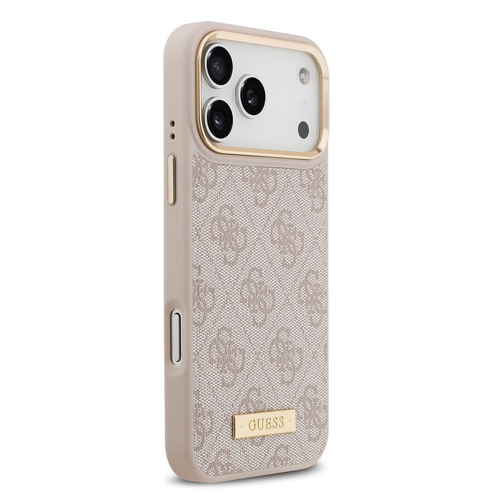 Apple iPhone 17 Pro Max Kılıf Guess Orjinal Lisanslı M-safe Şarj Özellikli 4G Desenli PU Metal Plaka Klasik Logolu Kapak Siyah