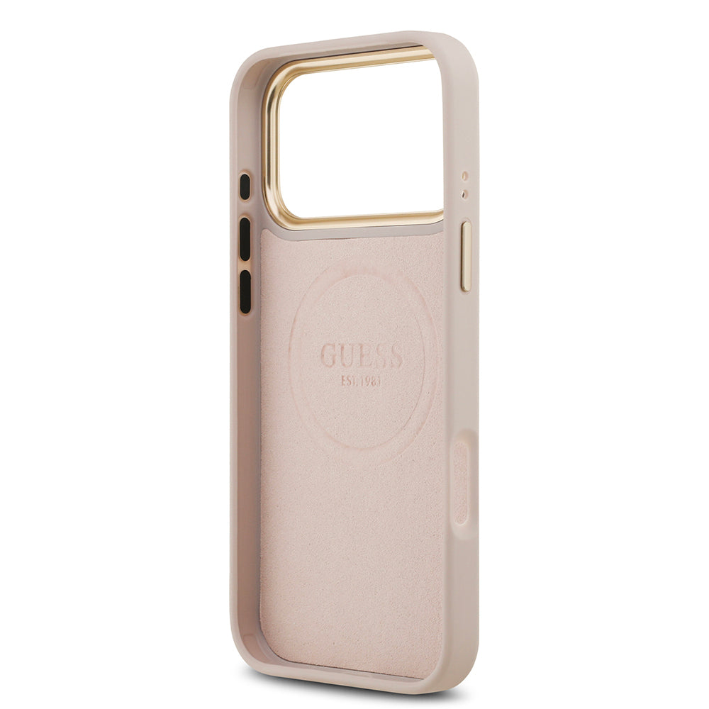 Apple iPhone 17 Pro Max Kılıf Guess Orjinal Lisanslı M-safe Şarj Özellikli 4G Desenli PU Metal Plaka Klasik Logolu Kapak Siyah