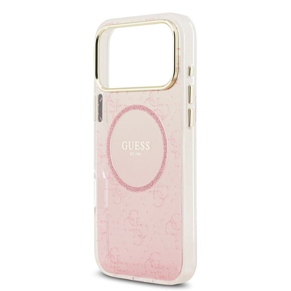 Apple iPhone 17 Pro Max Kılıf Guess Orjinal Lisanslı M-safe Şarj Özellikli 4G Desenli Simli Silikon Kapak Pembe