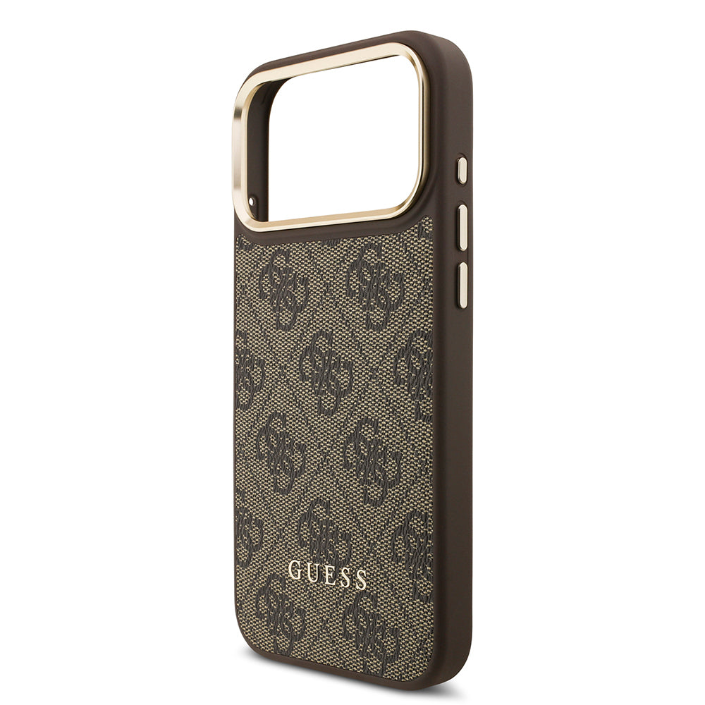 Apple iPhone 17 Pro Max Kılıf Guess Orjinal Lisanslı M-safe Şarj Özellikli 4G Metal Büyük Logolu Kartlıklı Kapak Kahverengi