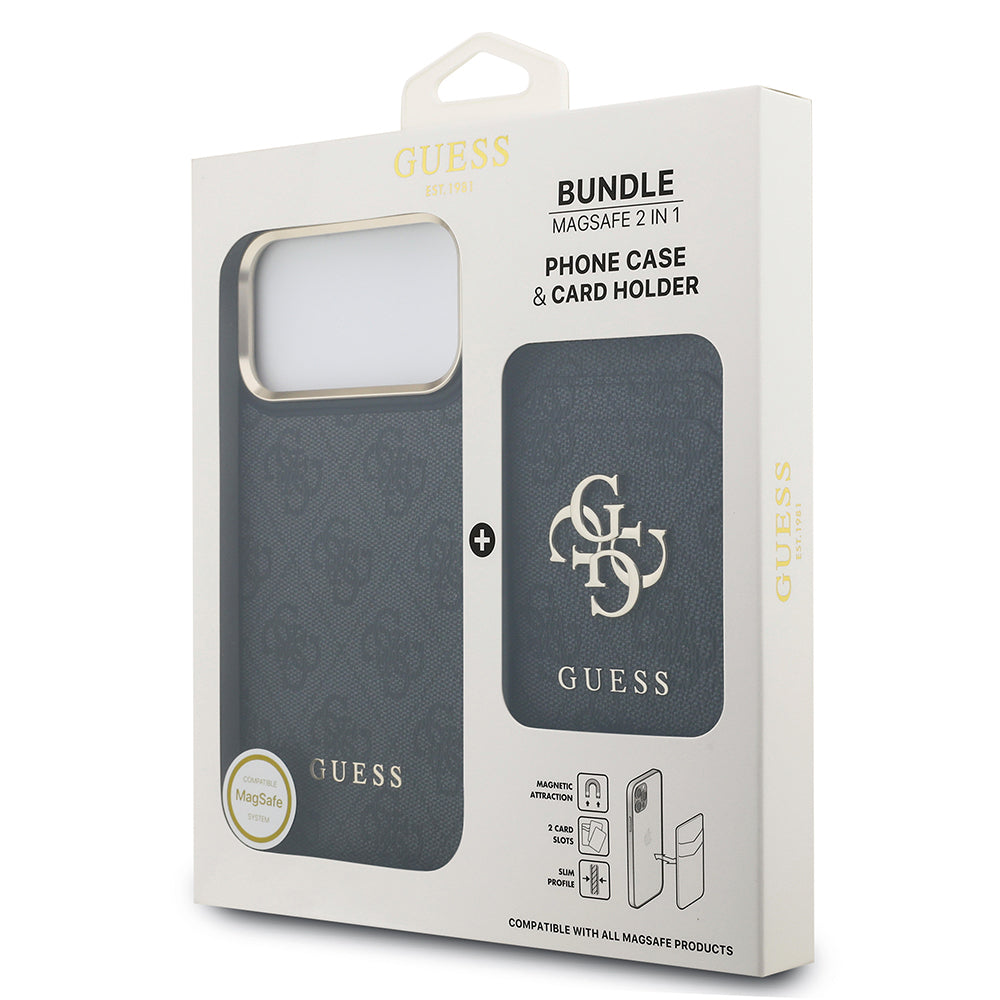 Apple iPhone 17 Pro Max Kılıf Guess Orjinal Lisanslı M-safe Şarj Özellikli 4G Metal Büyük Logolu Kartlıklı Kapak Siyah