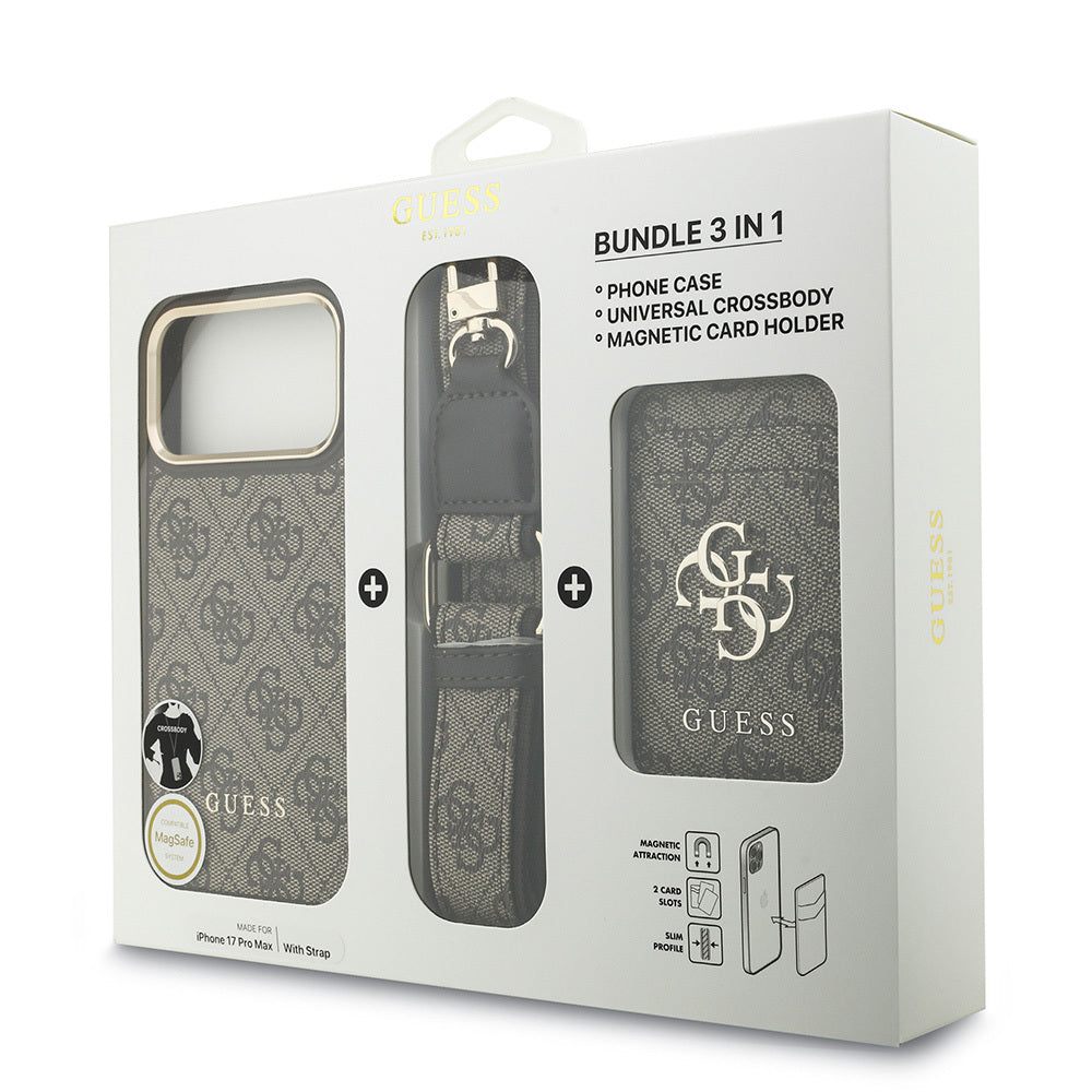 Apple iPhone 17 Pro Max Kılıf Guess Orjinal Lisanslı M-safe Şarj Özellikli Askılı ve 4G Logo Kartlıklı Kapak Siyah