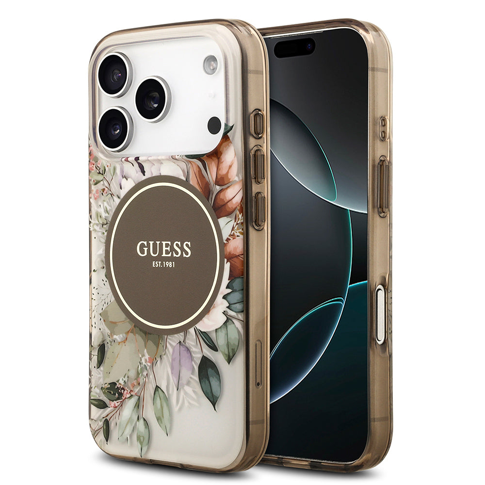 Apple iPhone 17 Pro Max Kılıf Guess Orjinal Lisanslı M-safe Şarj Özellikli Flower Tonal Circle Kapak Kahverengi