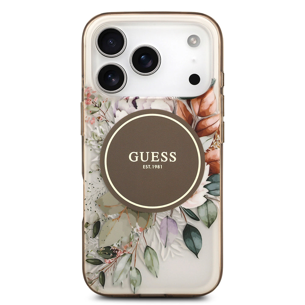 Apple iPhone 17 Pro Max Kılıf Guess Orjinal Lisanslı M-safe Şarj Özellikli Flower Tonal Circle Kapak Kahverengi