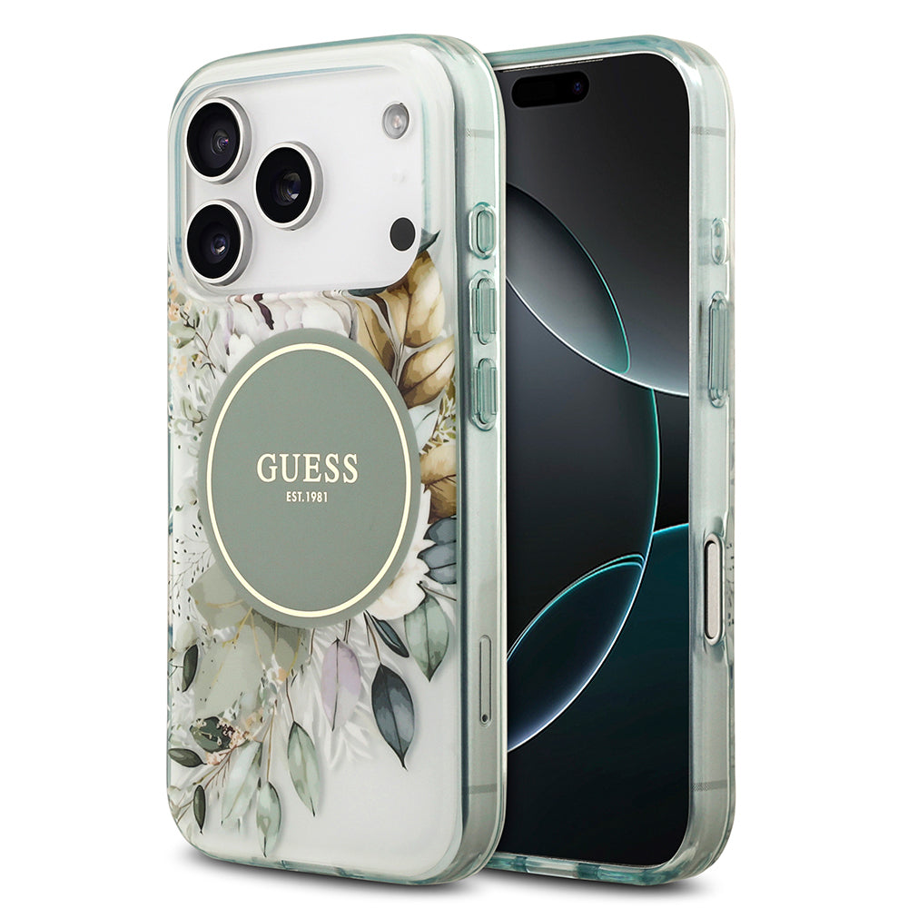 Apple iPhone 17 Pro Max Kılıf Guess Orjinal Lisanslı M-safe Şarj Özellikli Flower Tonal Circle Kapak Yeşil