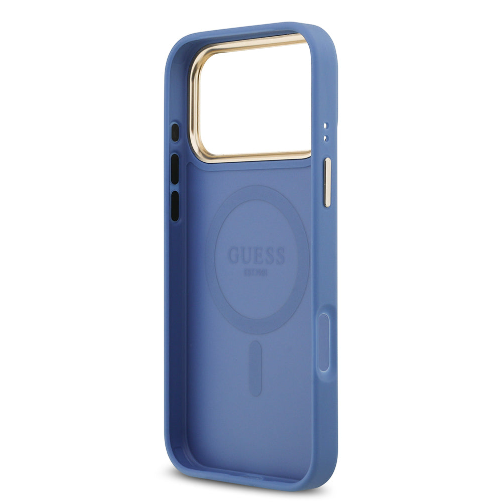 Apple iPhone 17 Pro Max Kılıf Guess Orjinal Lisanslı M-safe Şarj Özellikli Gold Metal Kamera Çerçeveli PU Deri 4G Desenli Yazı Logolu Kapak Mavi