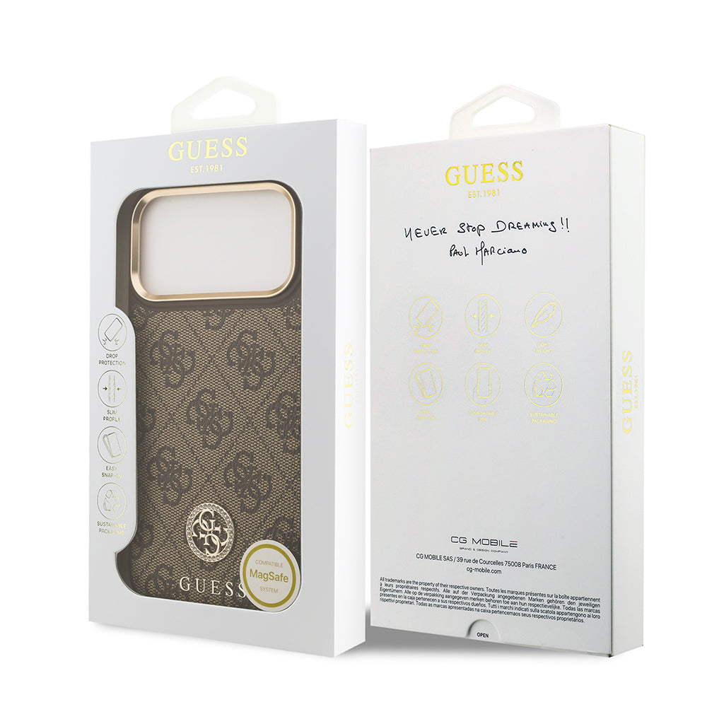 Apple iPhone 17 Pro Max Kılıf Guess Orjinal Lisanslı M-safe Şarj Özellikli Gold Metal Kamera Çerçeveli Taşlı 4G Logolu Kapak Siyah