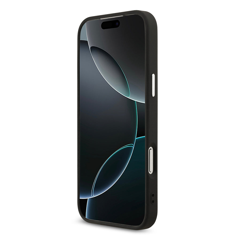 Apple iPhone 17 Pro Max Kılıf Guess Orjinal Lisanslı M-safe Şarj Özellikli Gold Metal Kamera Çerçeveli Taşlı Üçgen Logo 4G Desenli Kapak Siyah