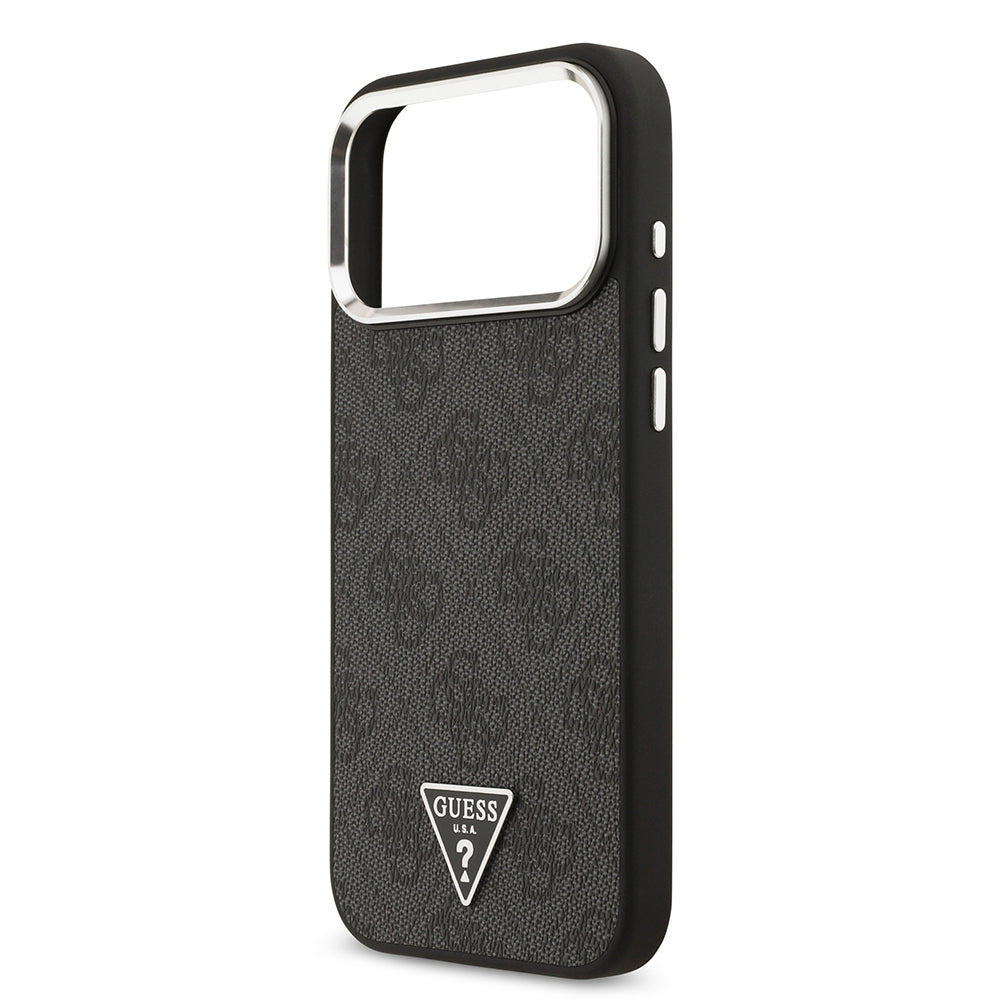 Apple iPhone 17 Pro Max Kılıf Guess Orjinal Lisanslı M-safe Şarj Özellikli Gold Metal Kamera Çerçeveli Taşlı Üçgen Logo 4G Desenli Kapak Kahverengi