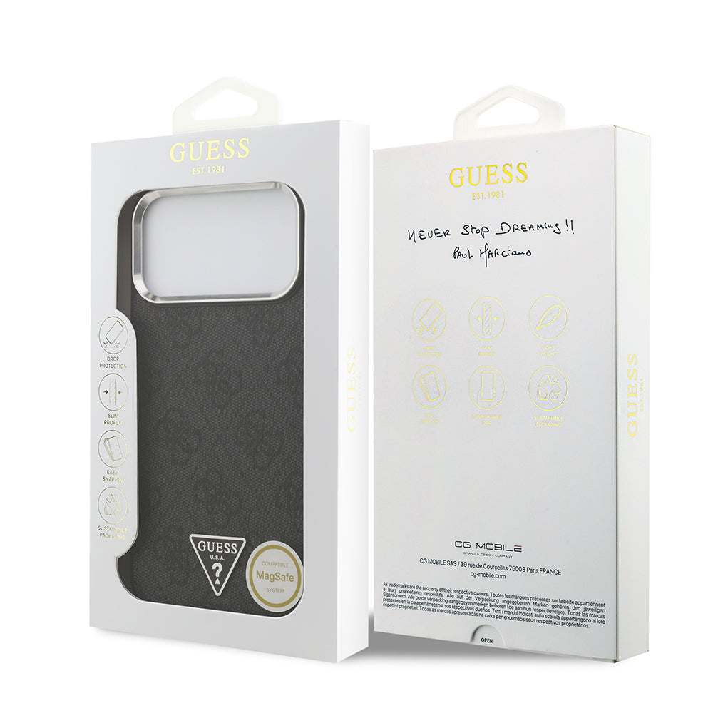 Apple iPhone 17 Pro Max Kılıf Guess Orjinal Lisanslı M-safe Şarj Özellikli Gold Metal Kamera Çerçeveli Taşlı Üçgen Logo 4G Desenli Kapak Kahverengi