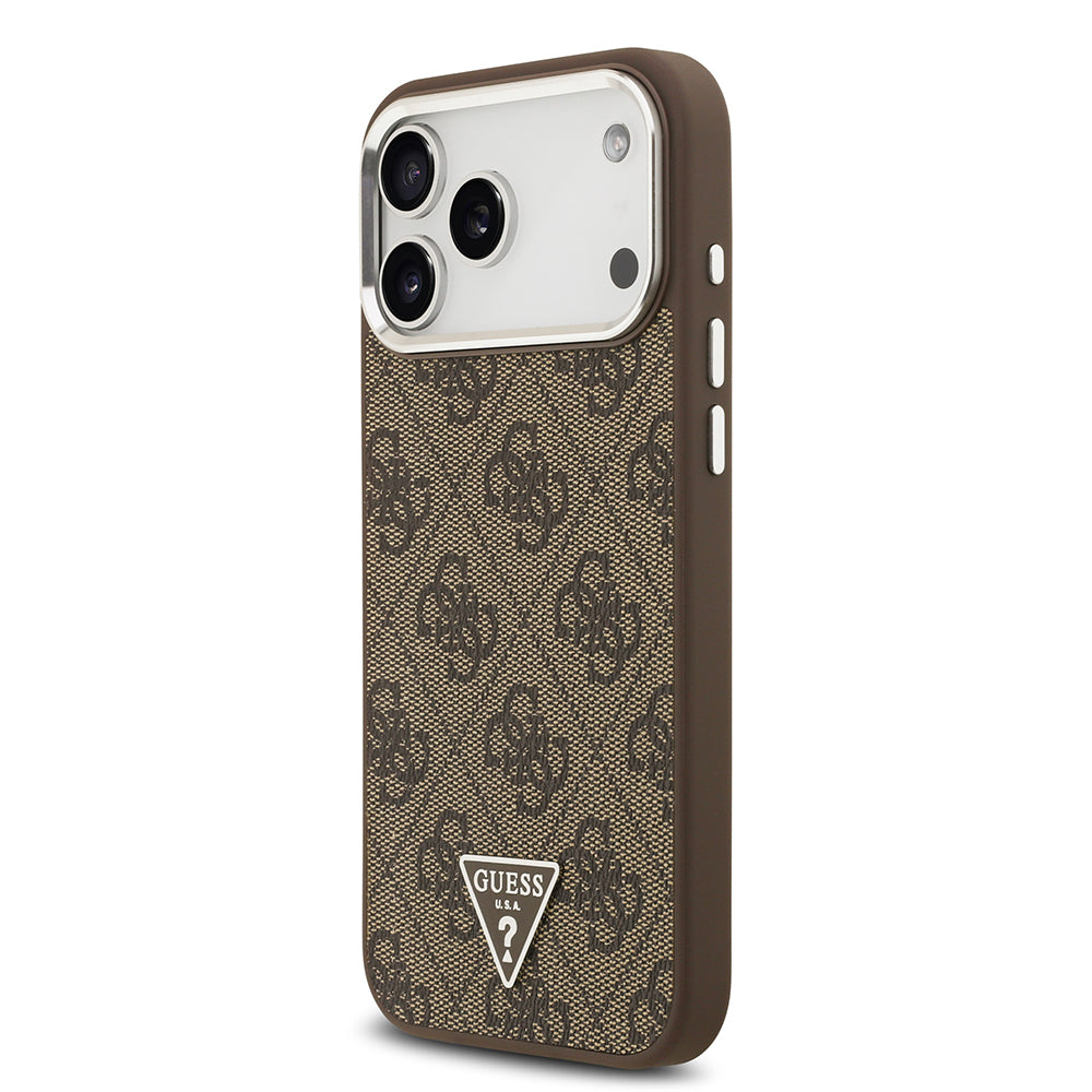 Apple iPhone 17 Pro Max Kılıf Guess Orjinal Lisanslı M-safe Şarj Özellikli Gold Metal Kamera Çerçeveli Taşlı Üçgen Logo 4G Desenli Kapak Kahverengi