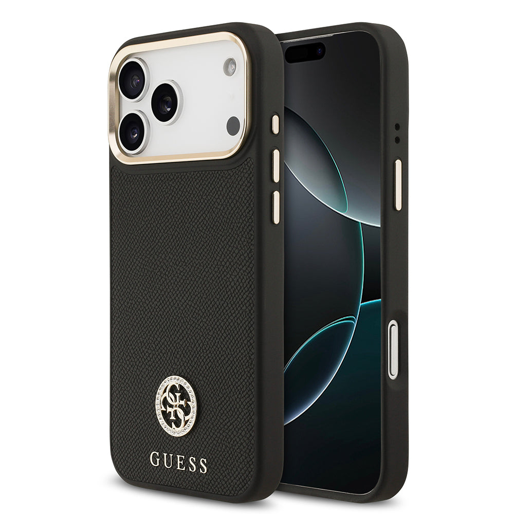 Apple iPhone 17 Pro Max Kılıf Guess Orjinal Lisanslı M-safe Şarj Özellikli Grained Yazı ve Taşlı 4G Logolu Kapak Bej