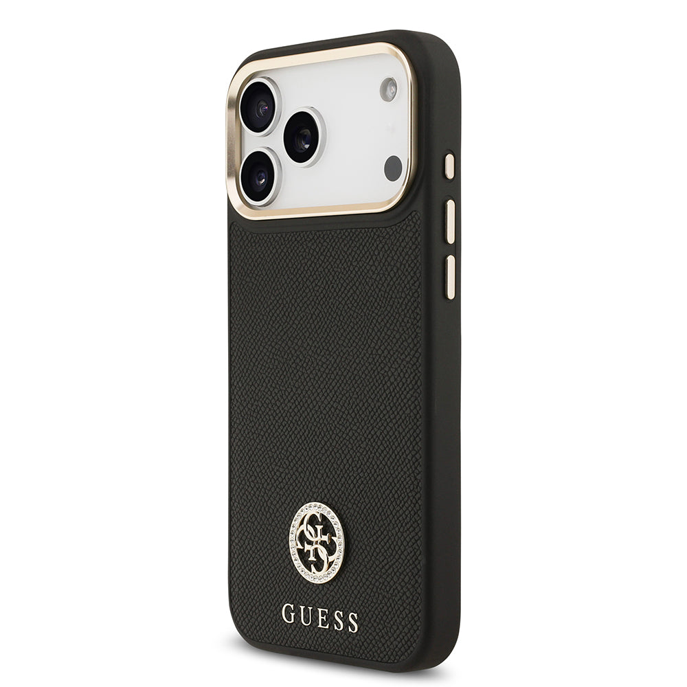 Apple iPhone 17 Pro Max Kılıf Guess Orjinal Lisanslı M-safe Şarj Özellikli Grained Yazı ve Taşlı 4G Logolu Kapak Bej