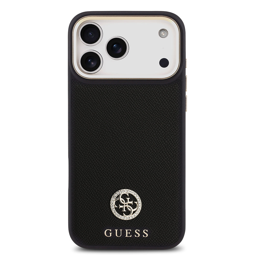 Apple iPhone 17 Pro Max Kılıf Guess Orjinal Lisanslı M-safe Şarj Özellikli Grained Yazı ve Taşlı 4G Logolu Kapak Bej