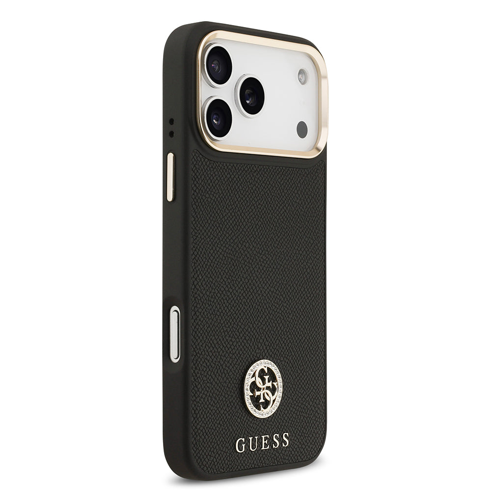 Apple iPhone 17 Pro Max Kılıf Guess Orjinal Lisanslı M-safe Şarj Özellikli Grained Yazı ve Taşlı 4G Logolu Kapak Kahverengi