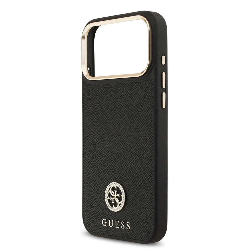 Apple iPhone 17 Pro Max Kılıf Guess Orjinal Lisanslı M-safe Şarj Özellikli Grained Yazı ve Taşlı 4G Logolu Kapak Bej