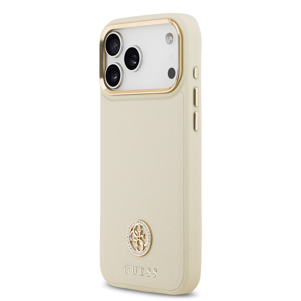 Apple iPhone 17 Pro Max Kılıf Guess Orjinal Lisanslı M-safe Şarj Özellikli Grained Yazı ve Taşlı 4G Logolu Kapak Siyah