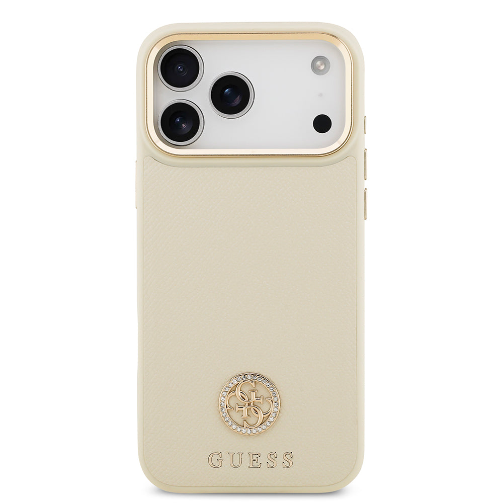 Apple iPhone 17 Pro Max Kılıf Guess Orjinal Lisanslı M-safe Şarj Özellikli Grained Yazı ve Taşlı 4G Logolu Kapak Siyah