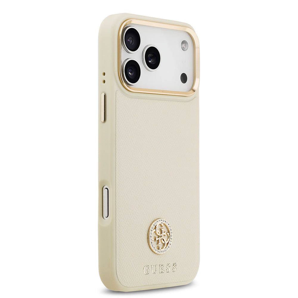 Apple iPhone 17 Pro Max Kılıf Guess Orjinal Lisanslı M-safe Şarj Özellikli Grained Yazı ve Taşlı 4G Logolu Kapak Siyah