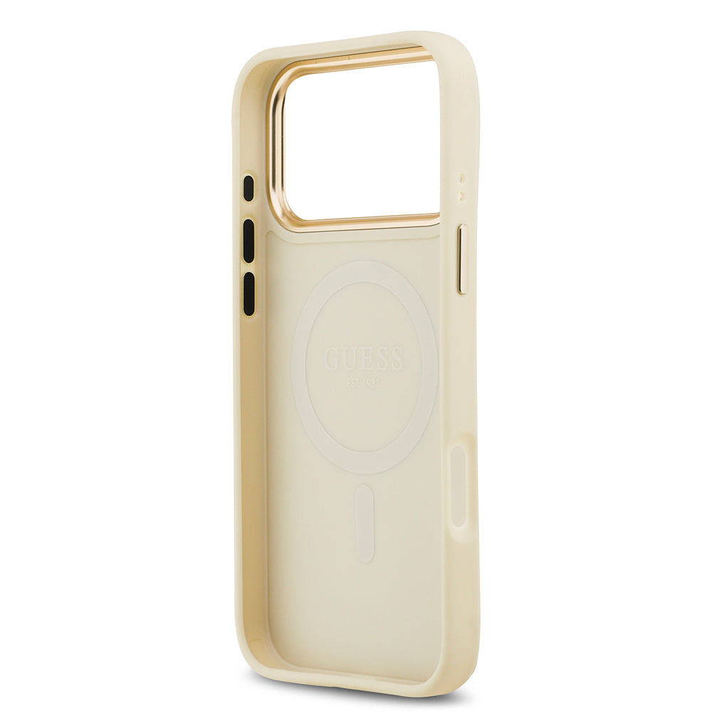 Apple iPhone 17 Pro Max Kılıf Guess Orjinal Lisanslı M-safe Şarj Özellikli Grained Yazı ve Taşlı 4G Logolu Kapak Siyah