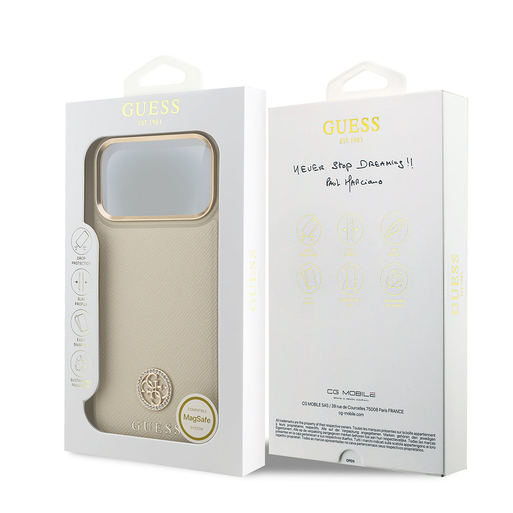 Apple iPhone 17 Pro Max Kılıf Guess Orjinal Lisanslı M-safe Şarj Özellikli Grained Yazı ve Taşlı 4G Logolu Kapak Kahverengi