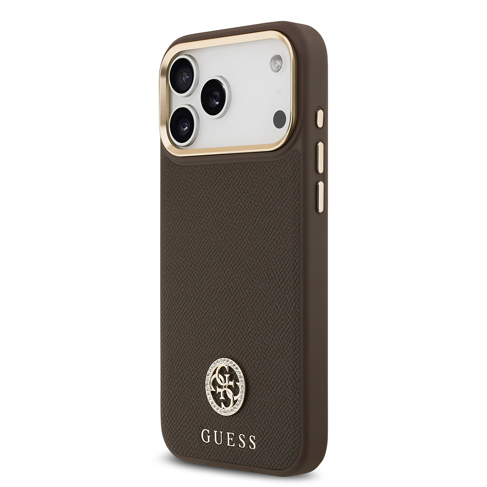 Apple iPhone 17 Pro Max Kılıf Guess Orjinal Lisanslı M-safe Şarj Özellikli Grained Yazı ve Taşlı 4G Logolu Kapak Siyah