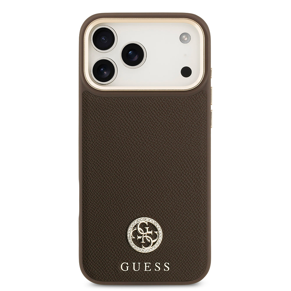 Apple iPhone 17 Pro Max Kılıf Guess Orjinal Lisanslı M-safe Şarj Özellikli Grained Yazı ve Taşlı 4G Logolu Kapak Bej