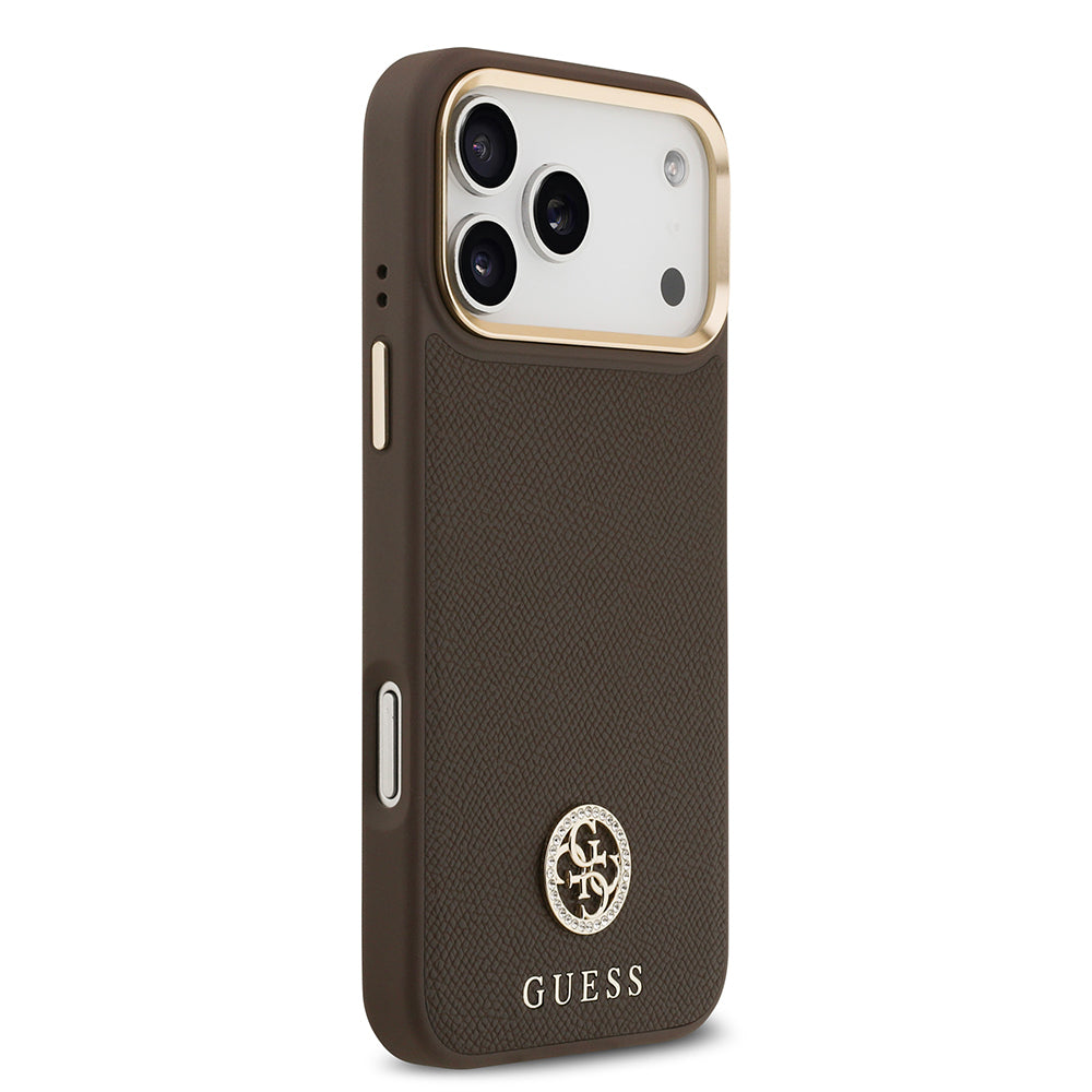 Apple iPhone 17 Pro Max Kılıf Guess Orjinal Lisanslı M-safe Şarj Özellikli Grained Yazı ve Taşlı 4G Logolu Kapak Bej