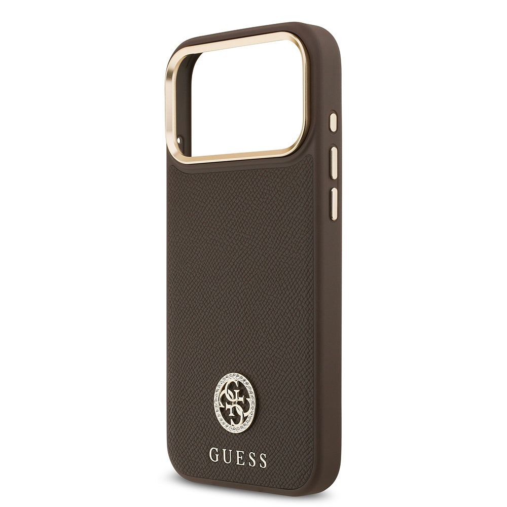 Apple iPhone 17 Pro Max Kılıf Guess Orjinal Lisanslı M-safe Şarj Özellikli Grained Yazı ve Taşlı 4G Logolu Kapak Bej