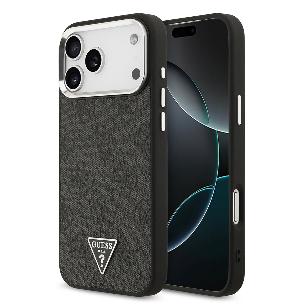 Apple iPhone 17 Pro Max Kılıf Guess Orjinal Lisanslı M-safe Şarj Özellikli Gümüş Metal Kamera Çerçeveli Üçgen Logo 4G Desenli Kapak