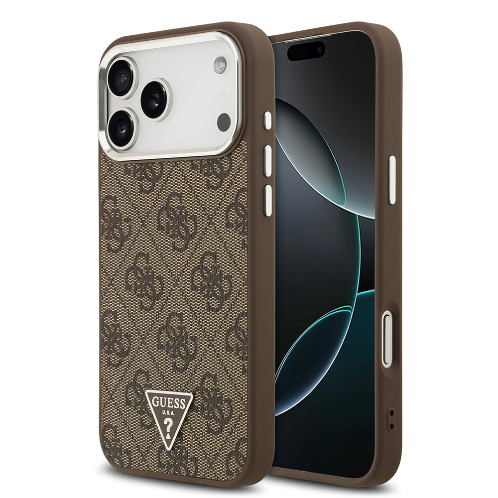 Apple iPhone 17 Pro Max Kılıf Guess Orjinal Lisanslı M-safe Şarj Özellikli Gümüş Metal Kamera Çerçeveli Üçgen Logo 4G Desenli Kapak