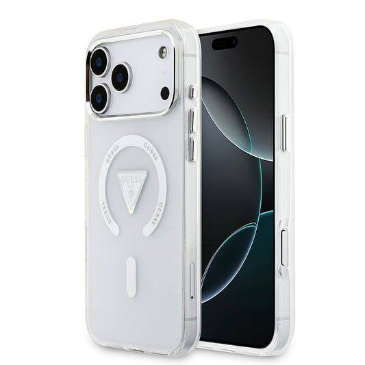 Apple iPhone 17 Pro Max Kılıf Guess Orjinal Lisanslı M-safe Şarj Özellikli IML Baskılı Üçgen Logolu Metal Kamera Çerçeveli Kapak Şeffaf