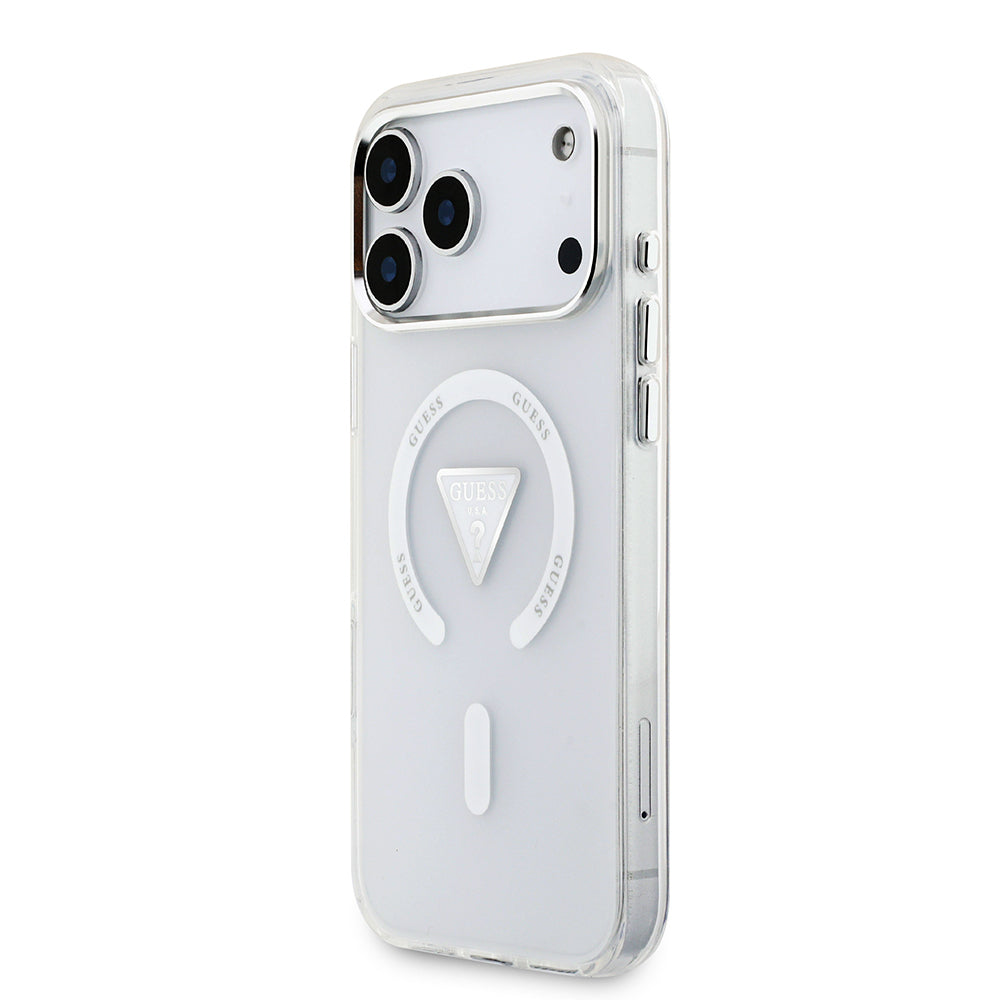 Apple iPhone 17 Pro Max Kılıf Guess Orjinal Lisanslı M-safe Şarj Özellikli IML Baskılı Üçgen Logolu Metal Kamera Çerçeveli Kapak Siyah